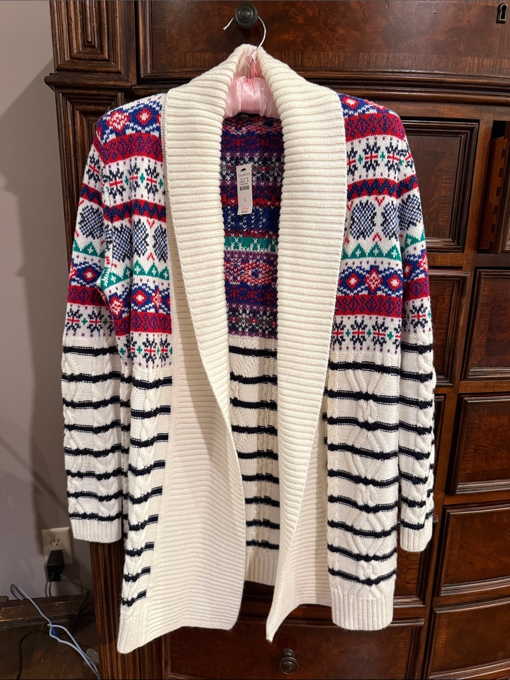 Talbots Ivory Fair Isle Open-Front Cardigan with Multicolor Pattern